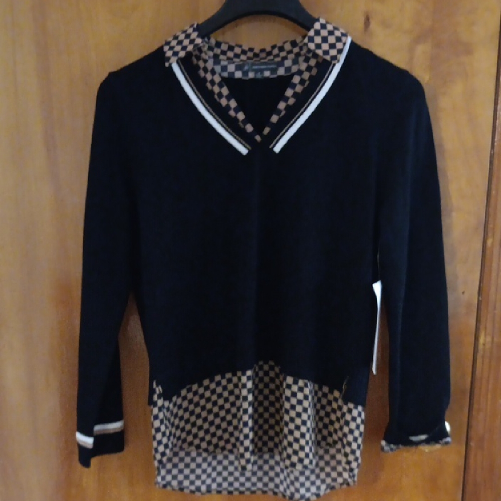 Adrianna Papell Black and Tan Checkered Top